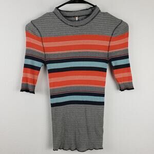 Free People Women's XS Donnas Super Stretch Layering Tee Ribbed Stripe Mock Neck